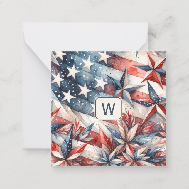 Red White and Blue Monogram Note Card Mitteilungskarte (Vorderseite)