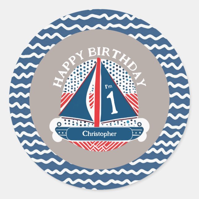 Red White and Blue Nausea Sailboat Birthday Runder Aufkleber (Vorderseite)