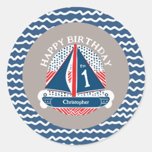 Red White and Blue Nausea Sailboat Birthday Runder Aufkleber