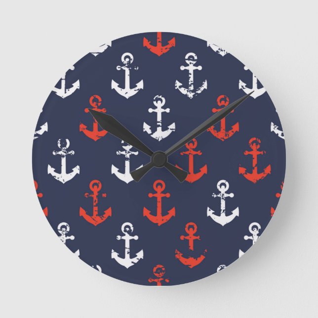 Red White And Blue Navy Pattern Runde Wanduhr (Vorderseite)