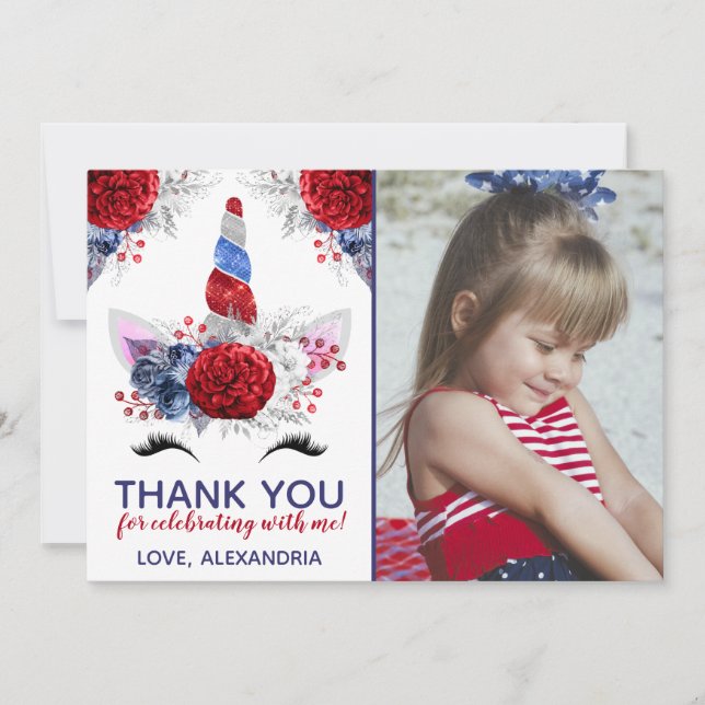 Red, White and Blue Patriotic Unicorn Vielen Dank Einladung (Vorderseite)