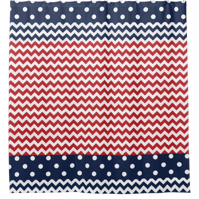 Red White and Blue Patriotic Zickzack und Dots Duschvorhang (Vorderseite)