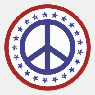 Red White and Blue Peace Sign and Stars Runder Aufkleber