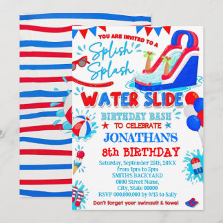 Red White and Blue Splish Splash Waterslide Birthd Einladung