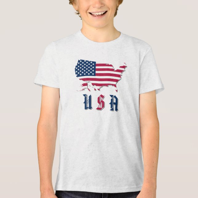 Red, White and Blue "USA", American Map and Flag Tri-Blend Shirt (Vorderseite)