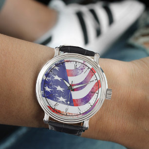 Red White and Blue USA Flag Watch Armbanduhr