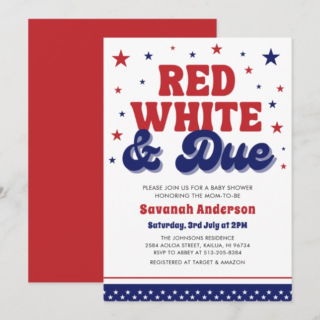 Red, White and Due 4 July Patriotic Baby Shower Einladung (Vorne/Hinten)