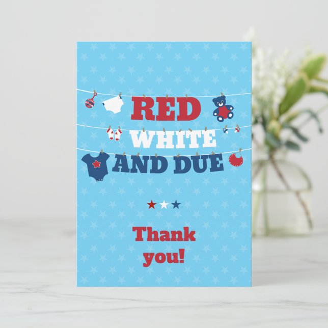 Red White and Due Baby Dusche Kleidung 4. Juli Dankeskarte (Stehend Vorderseite)