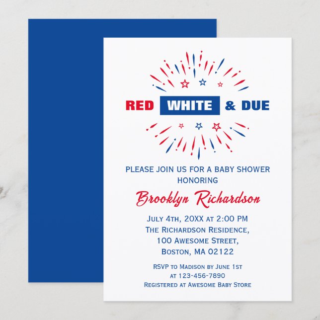 Red White and Due Patriotic 4. Juli Babydusche Einladung (Vorne/Hinten)