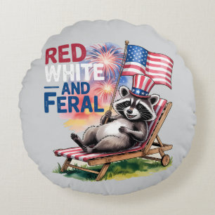 Red White and Ferry Raccoon Rundes Kissen