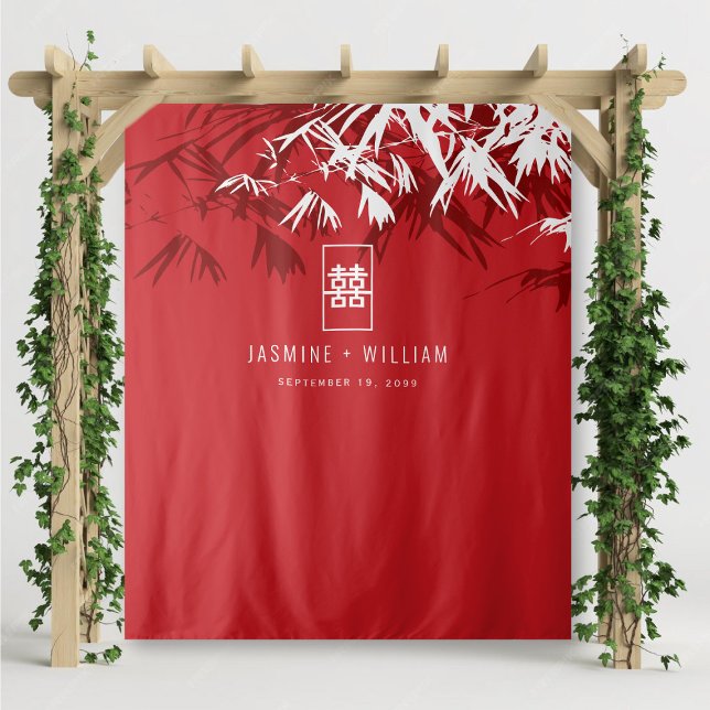 Red & White Bamboo Blätter Chinesischer Hochzeitst Wandteppich (Red & White Bamboo Leaves Double Happiness, Chinese Wedding Backdrop Tapestry @ fatfatin_red_knot)