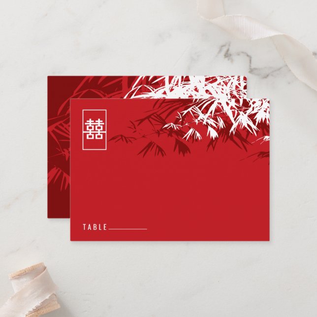 Red White Bamboo Blätter Double Xi Chinese Wedding Platzkarte (Vorderseite/Rückseite Beispiel)