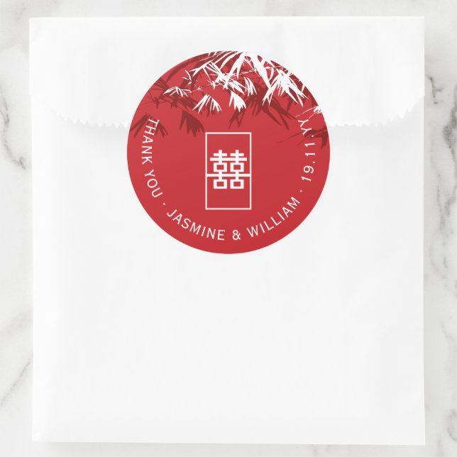 Red & White Bamboo Blätter Moderne Zen-Hochzeit in Runder Aufkleber (Tasche)