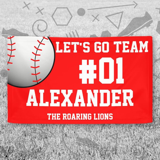 Red White Baseball Team Spirit Banner (Red and White Baseball Let's Go Team Banner. Celebrate your high school or college athlete.)