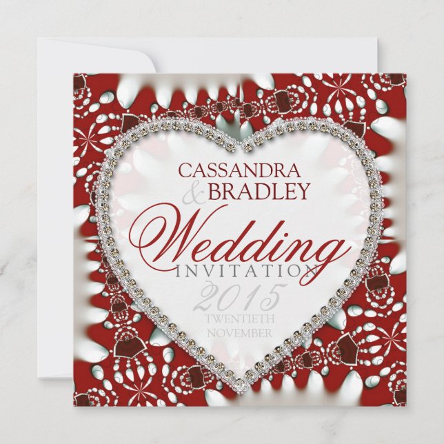 Red White Batik Satin Heart Wedding Invitations (Devant)