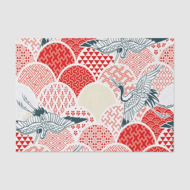 Red White Bird Japanischer Kimono Floral Decoupage Seidenpapier (Vorderseite)