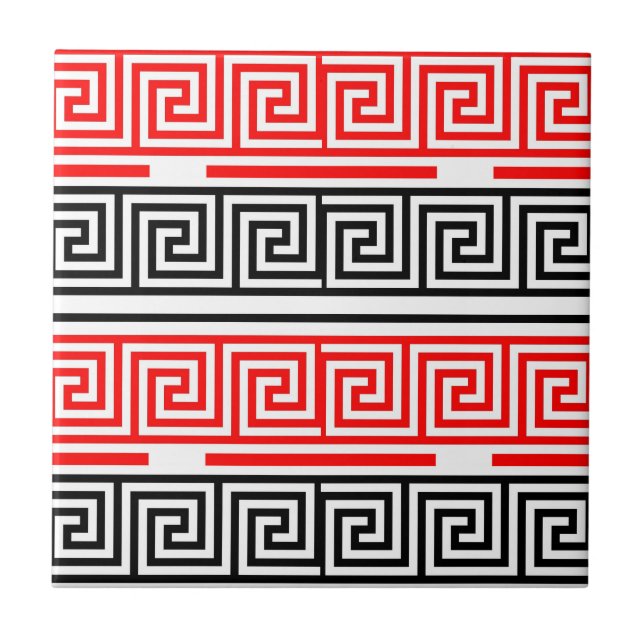 Red White Black Grikey Fret Pattern Design Fliese (Vorderseite)