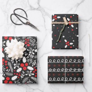 Red White Black Holly Berries Mistletoe Weihnachte Geschenkpapier Set