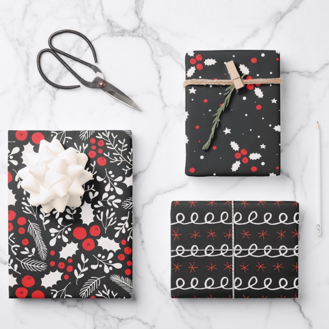 Red White Black Holly Berries Mistletoe Weihnachte Geschenkpapier Set (Vorderseite)