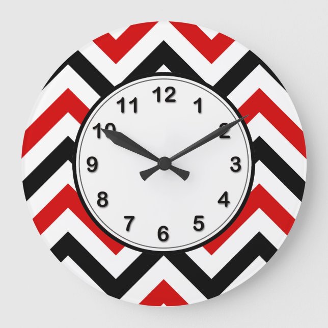 Red, White, Black Large Chevron ZigZag Pattern Große Wanduhr (Vorderseite)