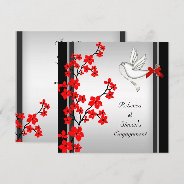 Red White Blossom Black von Engagement Party Einladung (Vorne/Hinten)