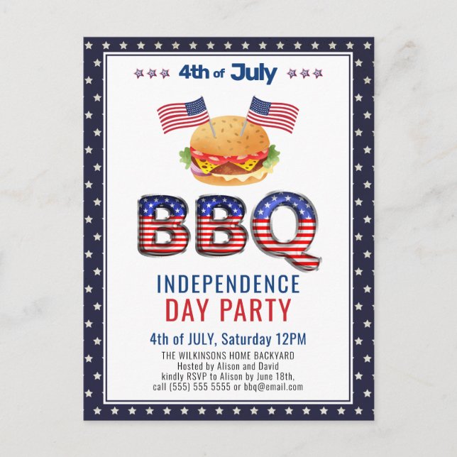 Red White Blue 4. JULY GRILLEN Party Einladung Postkarte (Vorderseite)