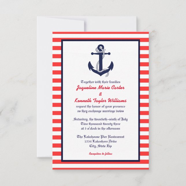 Red White & Blue Anchor - 3x5 Einladung zur Hochze (Vorderseite)