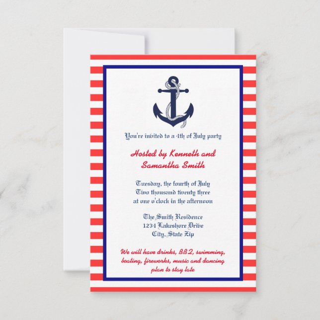 Red White & Blue Anchor - 3x5 Party Einladung (Vorderseite)