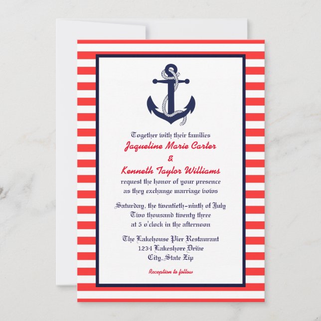 Red White & Blue Anchor - Einladung zur Hochzeit (Vorderseite)