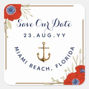 ⚓ Red White & Blue Anemone Anchor Wedding Quadratischer Aufkleber