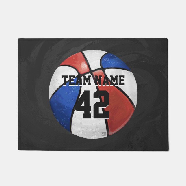 Red White Blue Basketball Name und Nummer Fußmatte (Vorderseite)