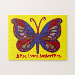 Red White Blue Butterfly Yellow Jigsaw Puzzle