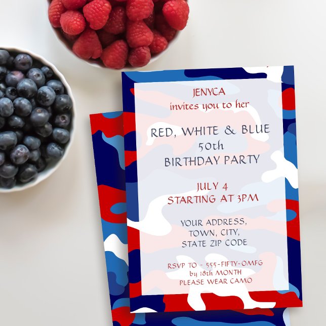 Red White Blue Camouflage Birthday Party Einladung (Red White and Blue. A camo party just for you!)