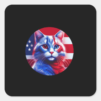 Red White & Blue Cat With American Flag Background Quadratischer Aufkleber