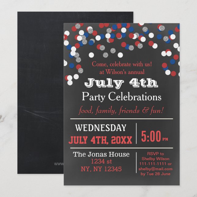 Red White Blue Confetti 4. Juli Party Einladung (Vorne/Hinten)