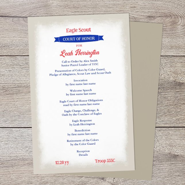 Red, White, Blue Court of Honor Program Flyer (patriotic red white blue beige eagle scout court of honor ceremony program)