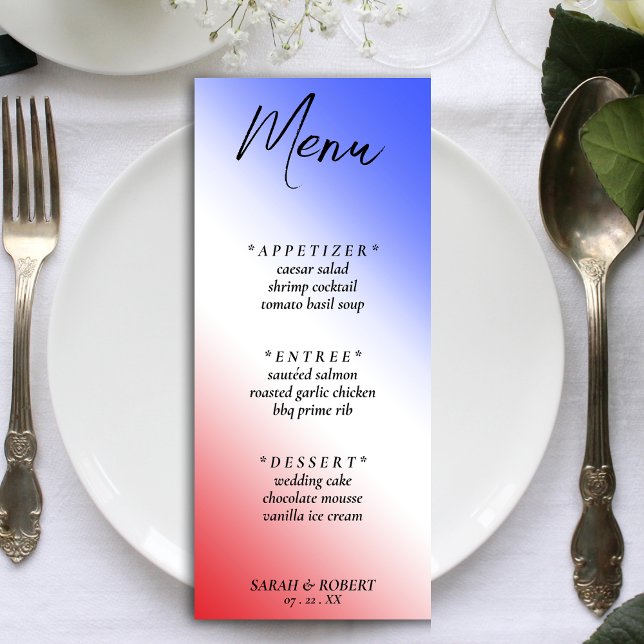 Red White & Blue Diagonal Ombre Hochzeitsempfang Menükarte (Red White & Blue Diagonal Ombre Wedding Reception Menu)