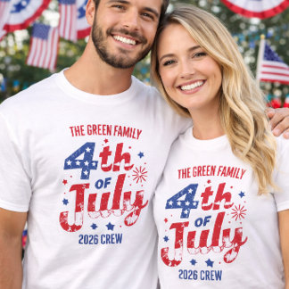 Red White Blue Fireworks 4th of July Family Crew T-Shirt