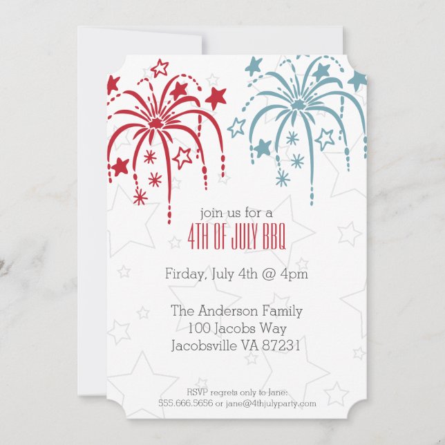 Red White & Blue Fireworks and Stars 4. Juli Einladung (Vorderseite)