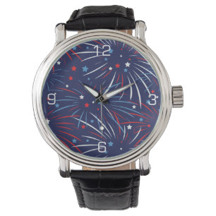 Red White Blue Fireworks Stars Zahlen Armbanduhr