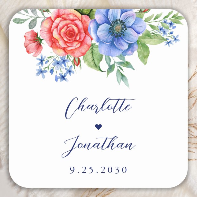 Red White Blue Floral 4. Juli Patriotic Wedding Quadratischer Aufkleber (Von Creator hochgeladen)