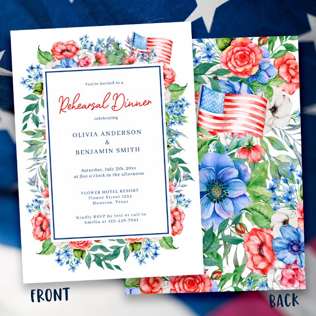 Red White Blue Floral Hochzeitsessen Probe Einladung (Von Creator hochgeladen)