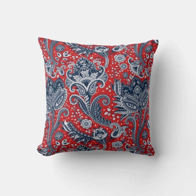 Red White & Blue Floral Paisley Bohemisch Boho Kissen (Vorderseite)
