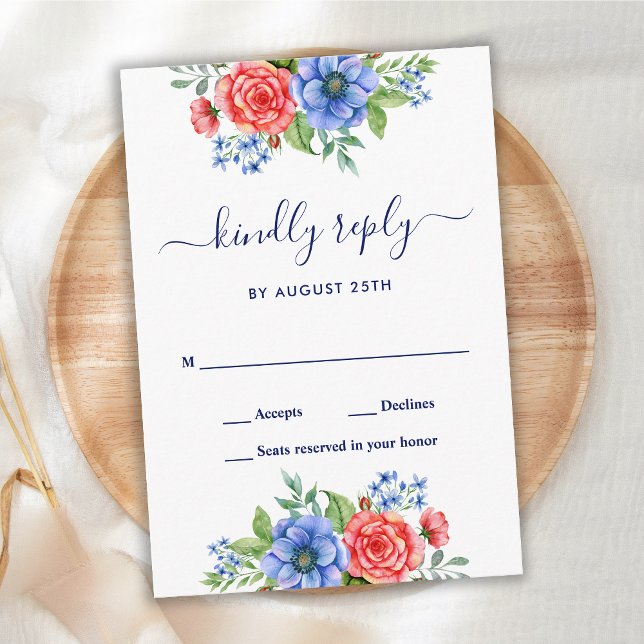 Red White Blue Floral Patriotic Wedding RSVP Karte (Von Creator hochgeladen)