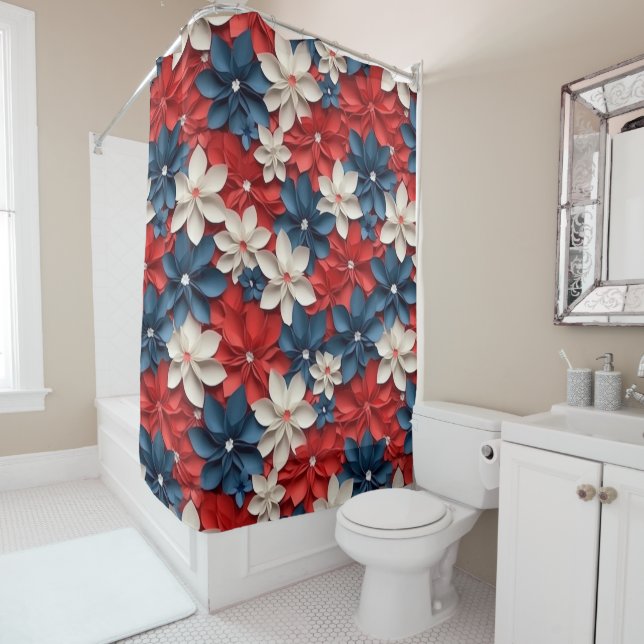 Red White Blue Flower Garden Blumenmuster USA Duschvorhang (Beispiel)