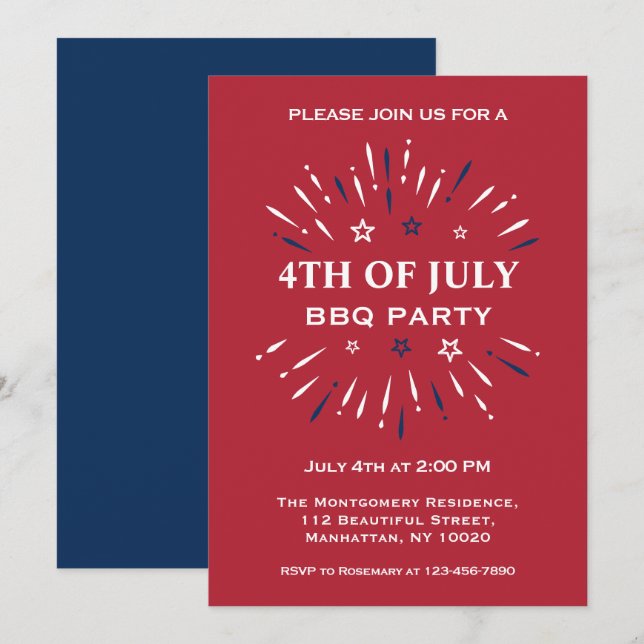 Red White Blue Fun Feuerwerk 4. Juli GRILLEN Party Einladung (Vorne/Hinten)