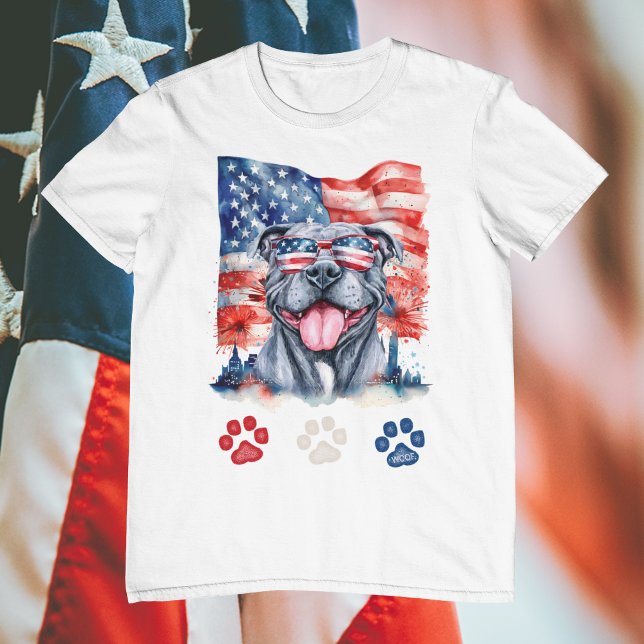 Red White Blue Funny Gray Pitbull Dog 4. Juli T-Shirt (Von Creator hochgeladen)