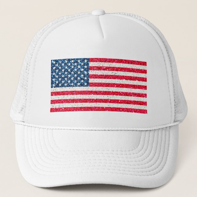 Red White Blue Glitzer Patriotic American USA Flag Truckerkappe (Vorderseite)