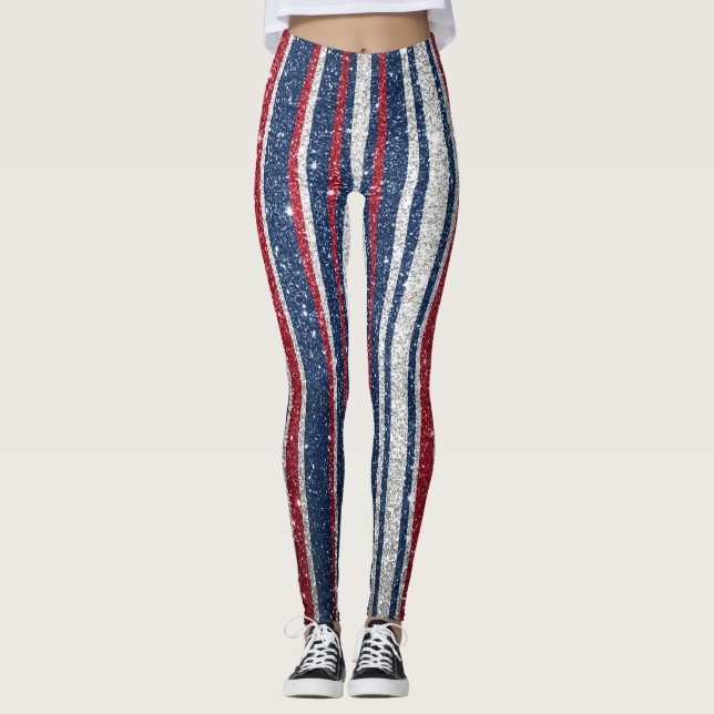 Red White Blue Glitzer Stripes Trendy Yoga Pant Leggings (Vorderseite)
