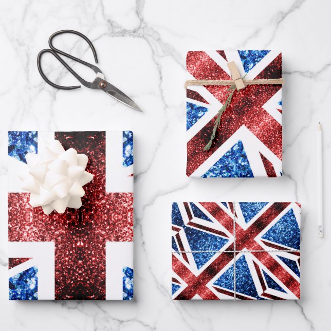 Red White Blue Glitzern UK flagge Wrapping Paper Geschenkpapier Set (Vorderseite)